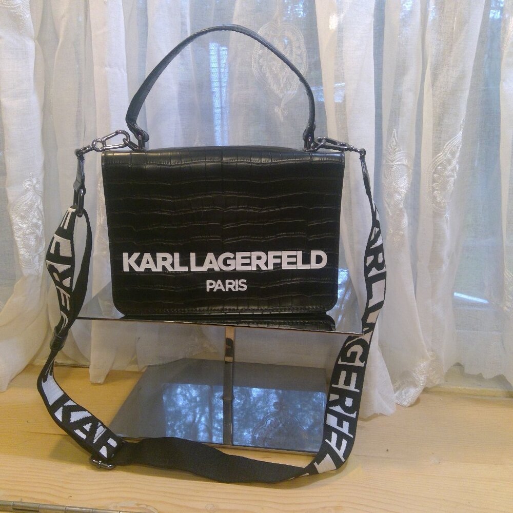 KARL LAGERFELD – BLACK CROC-EMBOSSED cross body SHOULDER BAG